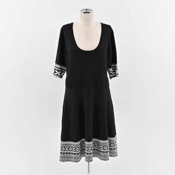 NINA LEONARD Dress Size XL Fit Flare Sweater Mini Black White Trim Scoop Neck - Picture 1 of 13